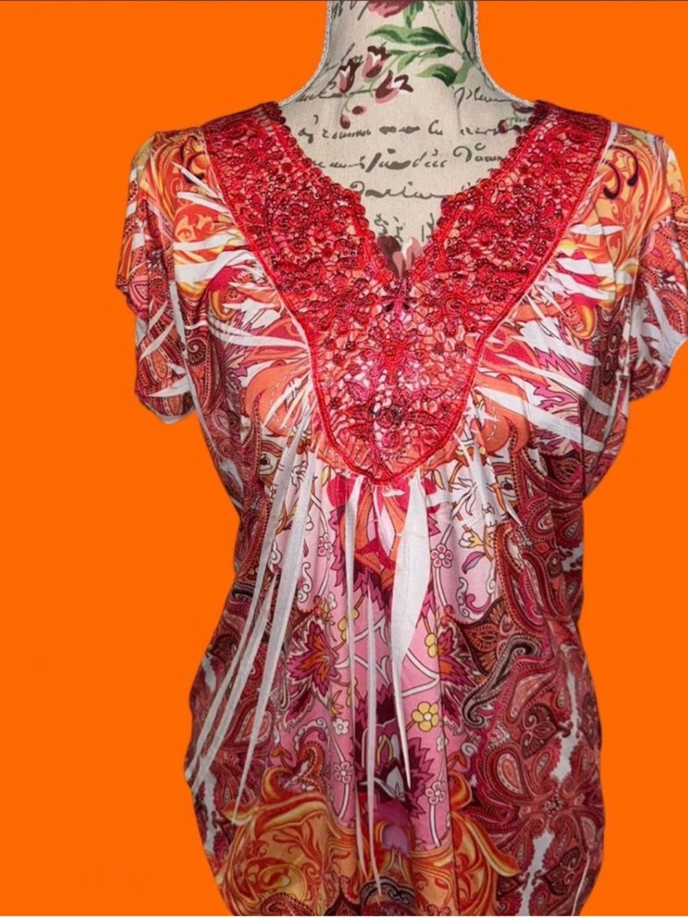 |SOLD!|Women's Pink, Red and Orange Paisley Embellished V-Neck Top